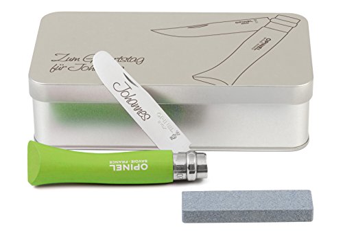 Opinel Kinder-Taschenmesser grün Geschenkdose inkl. Schleifstein und Wunschgravur auf Klinge + Dose