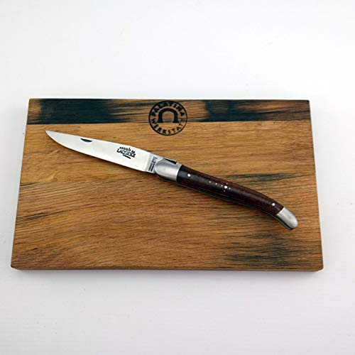 Forge de Laguiole Geschenkset, Taschenmesser mit 11 cm Klinge (Matt), Griffschale Thuja+ Vesperbrett aus Fassholz (Eiche) 25x15