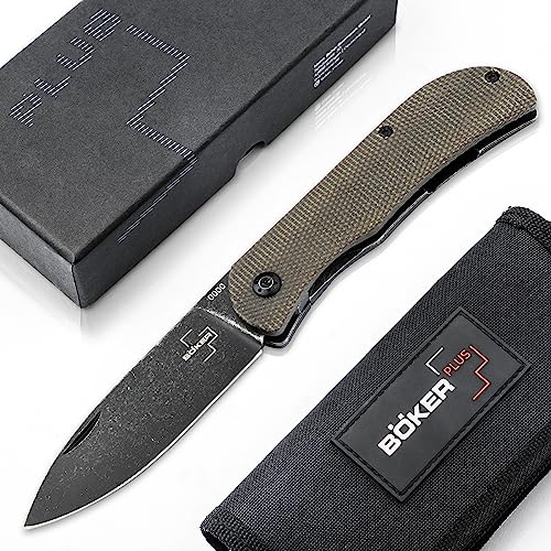 Böker Plus® Exskelibur Framelock Taschen-Messer - robustes Outdoor Klapp-Messer mit D2 Spearpoint Klinge - klappbares Survival Messer mit Micarta Griff (Exskelibur II Framelock Micarta)