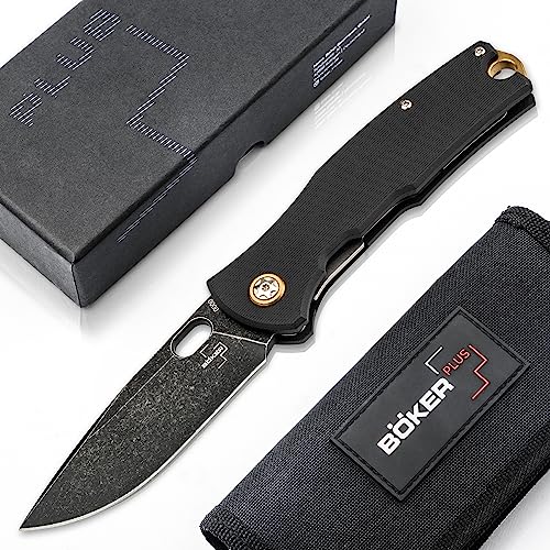 BÖKER PLUS® Fieldfolder - Klappmesser (Einhandmesser) mit 8cm D2 Stahl Klinge edel - Outdoor Taschenmesser mit G10 Griff & Etui - EDC Messer mit Clip & Edelstahl Linerlock